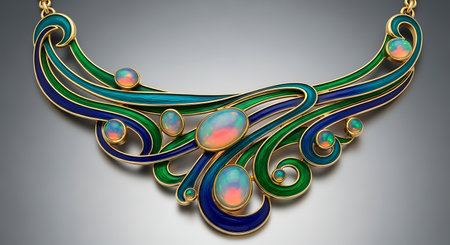 Illustration of a necklace with precious stones on a gray background.の素材