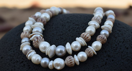 Necklace of white pearls on a black stone background.の素材