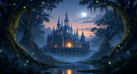 Fantasy landscape with castle in the forest at night 3d illustrationの素材
