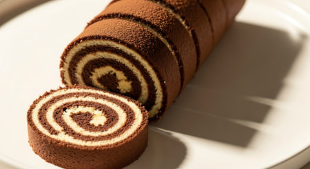Sliced chocolate roll cake on a white plate, close upの素材