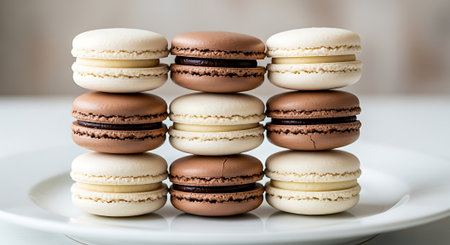 colorful macaroon on white plate, closeup photo.の素材