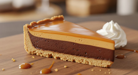 Delicious chocolate cake on wooden board, closeup. Delicious dessertの素材
