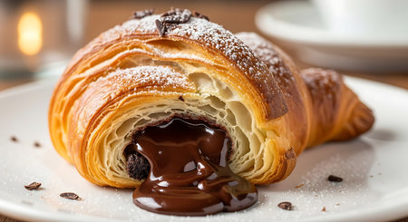 Croissant with chocolate sauce on a wooden table, close upの素材