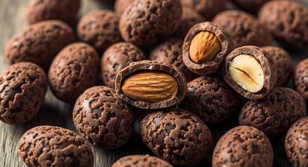 Chocolate truffles with nuts on wooden table, closeupの素材