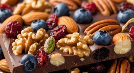 Chocolate bar with nuts and berries, close-up, horizontalの素材