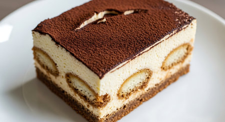 Tiramisu cake on a white plate in a restaurant.の素材