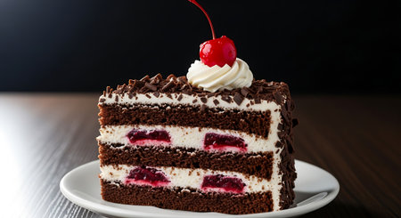 Chocolate cake with cherry on a white plate on a black backgroundの素材