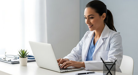 smiling female doctor using laptop at desk in clinic, side viewの素材