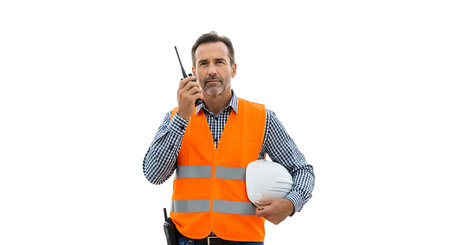 Portrait of mature engineer holding walkie talkie and looking at camera isolated on white backgroundの素材