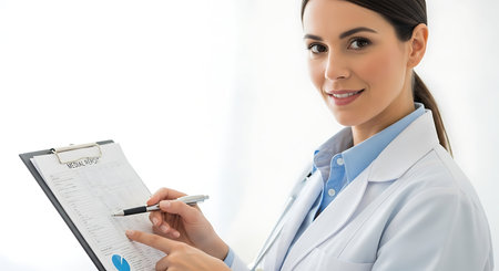 portrait of smiling female doctor writing on clipboard with medical report in clinicの素材