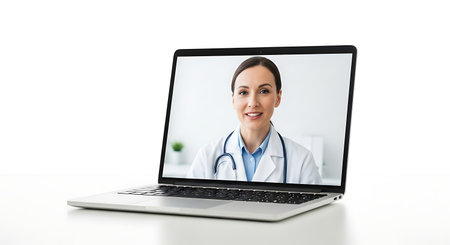 technology, communication and people concept - close up of female doctor with stethoscope on laptop computer screen over white backgroundの素材