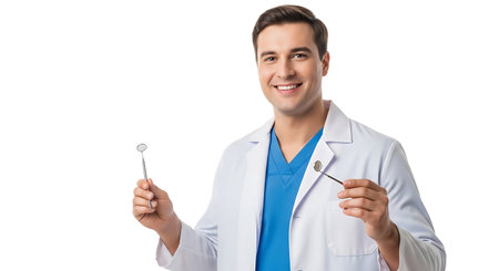 smiling male dentist holding dental tools and looking at camera isolated on whiteの素材