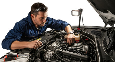 Auto mechanic repairing a car with a screwdriver on white background.の素材