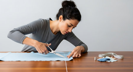 Fashion designer cutting fabric with scissors at her desk in a studioの素材