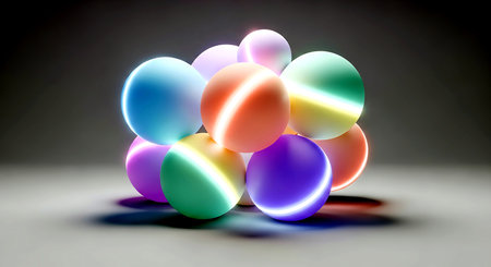 3d rendering of multicolored balls on a gray background.の素材