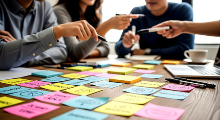 Group of business people brainstorming in meeting room with sticky notes.の素材