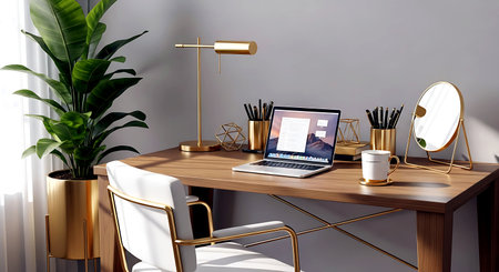 3D Rendering : illustration of modern creative designer workspace with laptop computer, coffee cup and other items on wooden desk.の素材