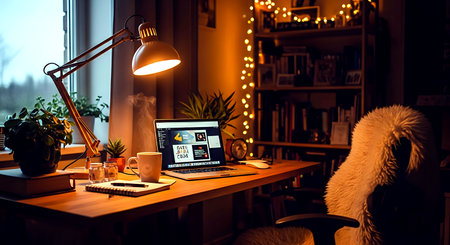 Working late at night in the home office. Work from home concept.の素材