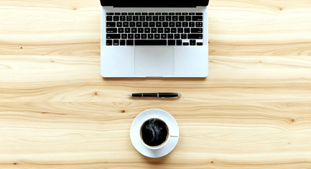 Top view of a wooden office desk with laptop, coffee cup and penの素材
