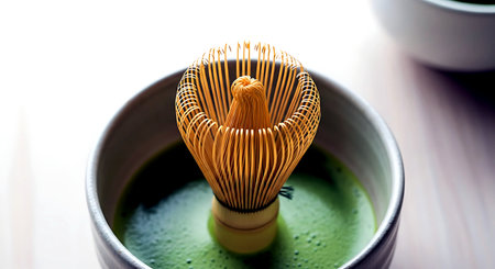 Matcha green tea with bamboo whisk in a cup on wooden tableの素材