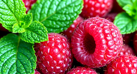 Raspberries and mint leaves close up macro photography. Selective focus.の素材