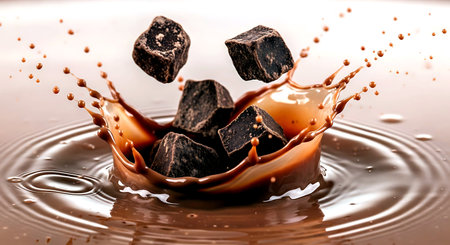 splash of chocolate and ice cubes on a brown background close-upの素材