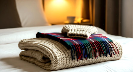 Warm knitted sweaters on a bed in a hotel roomの素材