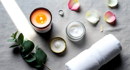 Spa still life with candles and rose petals on gray backgroundの素材