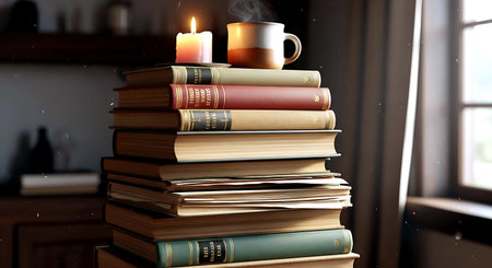 A stack of books with a cup of coffee and a candle on the backgroundの素材
