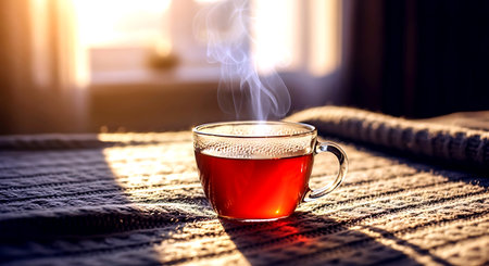 Cup of tea with steam on the bed in the morning.の素材