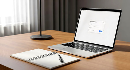 Laptop with login form on screen and notebook on wooden table.の素材