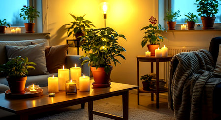 Burning candles and plants on table in room at night. Interior designの素材