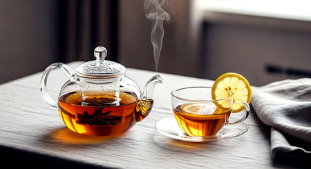 Tea with lemon in a glass teapot on a wooden tableの素材