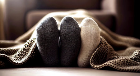 Feet in knitted socks on the bed. Cozy home conceptの素材