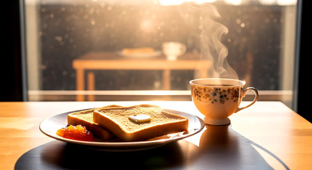Cup of coffee with honey and toasted bread on wooden tableの素材