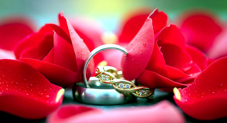 Wedding rings and red rose petals on a green backgroundの素材