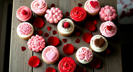Cupcakes decorated with red and white frosting on a wooden backgroundの素材