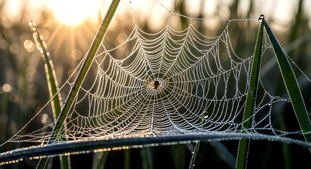 Spider web with dew drops at sunrise. Beautiful nature background.の素材