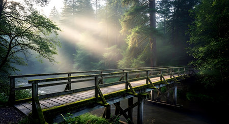 Wooden bridge over the river in the misty forest at sunriseの素材