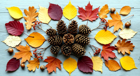 Colorful autumn leaves and cones on blue wooden background, top viewの素材