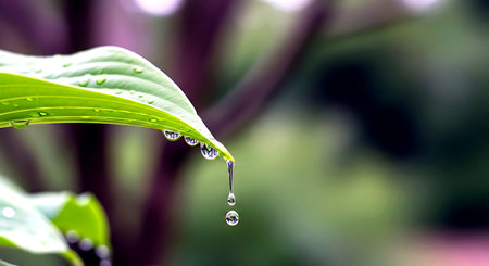 Water drop on green leaf with bokeh background and copy spaceの素材