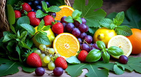 Variety of fresh fruits and berries in a basket on wooden tableの素材