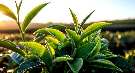 Green tea leaves with dew drops at sunrise in the morning.の素材