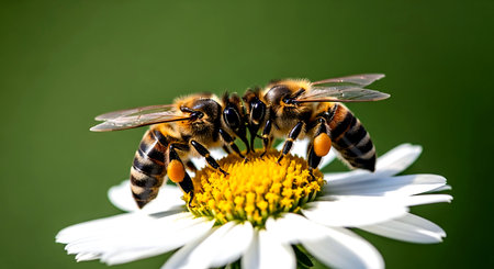 Macro shot of honey bee on daisy flower on green backgroundの素材