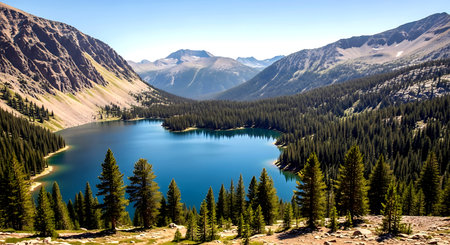 Panoramic view of turquoise lake in the mountains.の素材