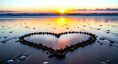 Heart shape on the beach at sunset. Love and romance concept.の素材