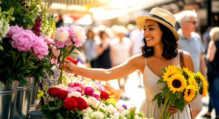 Young woman florist with bouquet of flowers at flower marketの素材