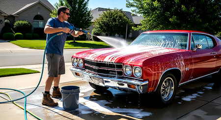 Man washing a red old american car with a high pressure washerの素材