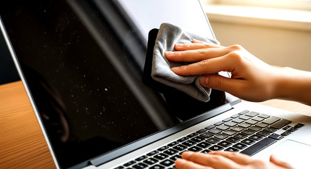 Close-up image of woman cleaning laptop with microfiber clothの素材