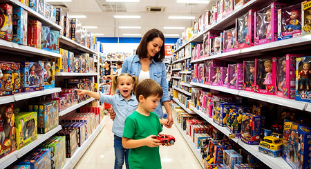 Mother and son choosing toys in a toy store. Selective focus.の素材